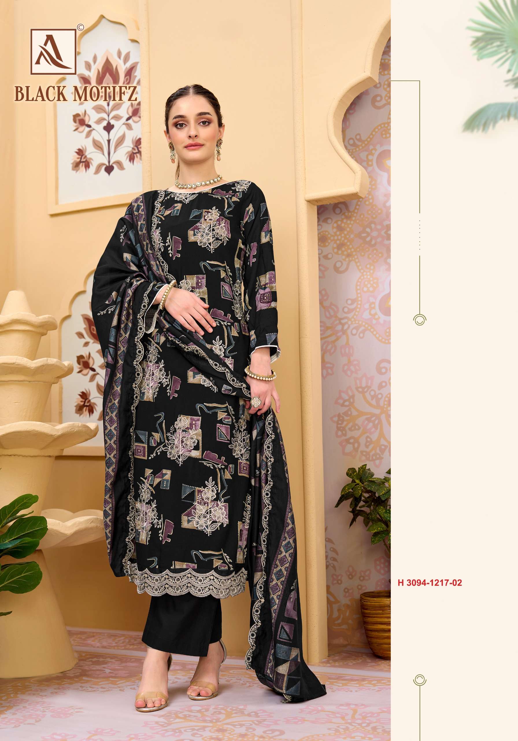ALOK SUIT BLACK MOTIFZ REYON DISCHARGE FOIL PRINT BLACK COLOR SALWAR KAMEEZ LOW RATE SUPPLIER